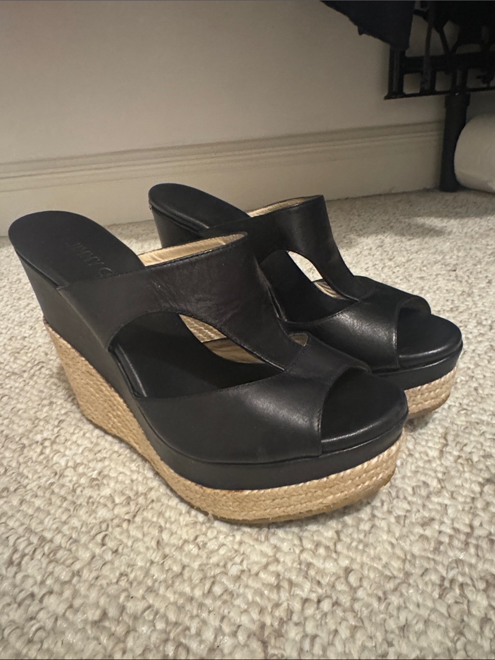 Jimmy Choo Black Leather Espadrille Wedge Mules